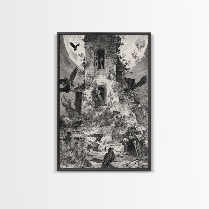 The Haunted Manor, Renaissance Engraving Art, Vertical Wall Art, Macabre Wall Art, Canvas Print, Halloween Wall Art, Spooky Wall Decor
