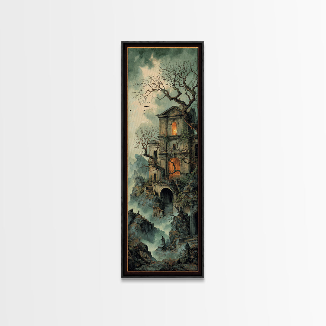 The Haunted Manor, Baroque Witchcraft Art, Tall Narrow Wall Art, Macabre Wall Art, Framed Canvas Print, Halloween Wall Art