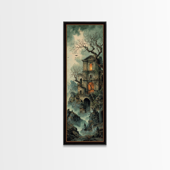 The Haunted Manor, Baroque Witchcraft Art, Tall Narrow Wall Art, Macabre Wall Art, Framed Canvas Print, Halloween Wall Art