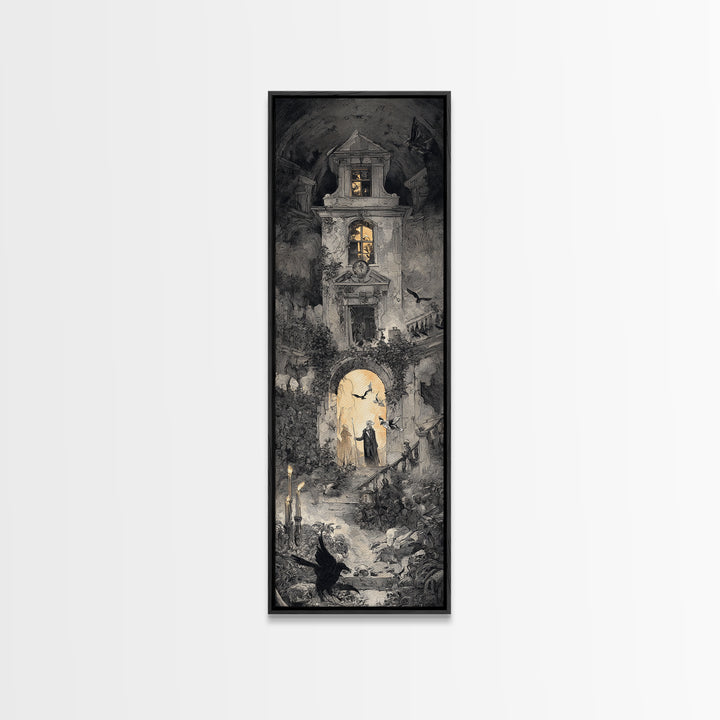 The Haunted Manor, Architectural Etching Art, Tall Narrow Wall Art, Dark Fantasy Wall Art, Canvas Print, Halloween Wall Art