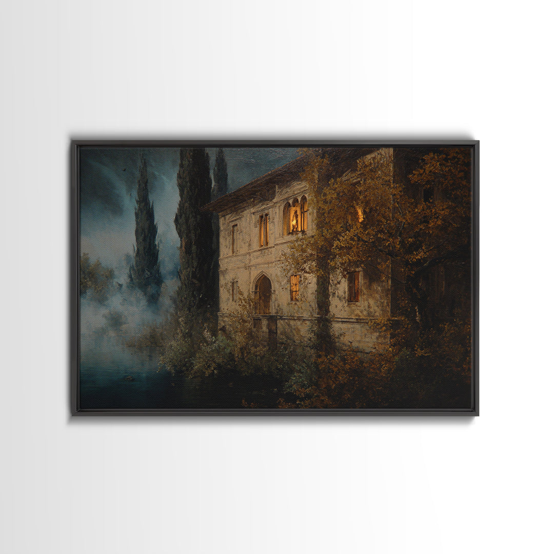 The Haunted Manor, Symbolist Gothic Landscape, Landscape Wall Art, Dark Fantasy Wall Art, Framed Canvas Print, Halloween Wall Art
