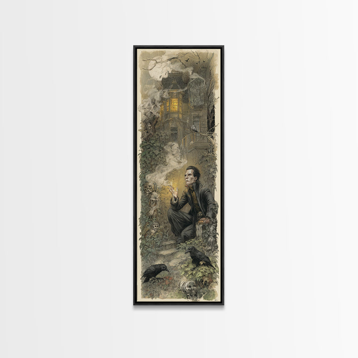 The Haunted Manor, Symbolist Etching Art, Tall Narrow Wall Art, Dark Fantasy Wall Art, Framed Canvas Print, Halloween Wall Art
