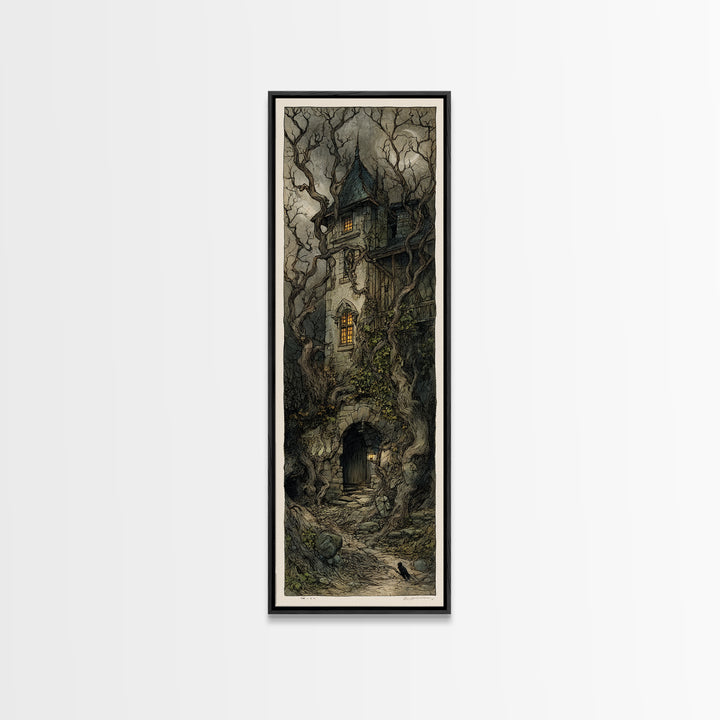 The Haunted Manor, Gothic Storybook Art, Tall Narrow Wall Art, Macabre Wall Art, Canvas Print, Halloween Wall Art, Statement Wall Art