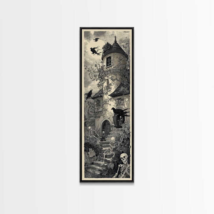 The Haunted Manor, Macabre Folk Print Art, Tall Narrow Wall Art, Gothic Horror Wall Art, Canvas Print, Halloween Wall Art