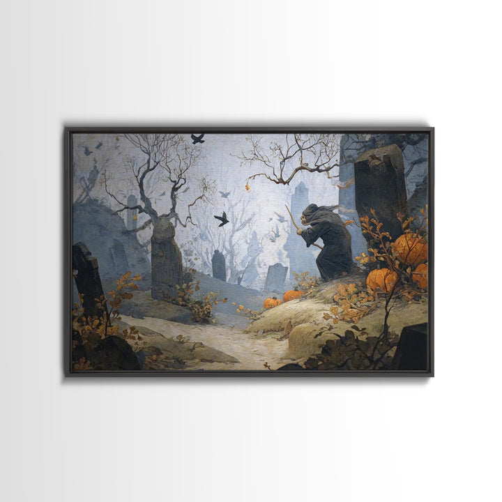 The Moonlit Cemetery, Medieval Grotesque Art, Landscape Wall Art, Macabre Wall Art, Framed Canvas Print, Halloween Wall Art