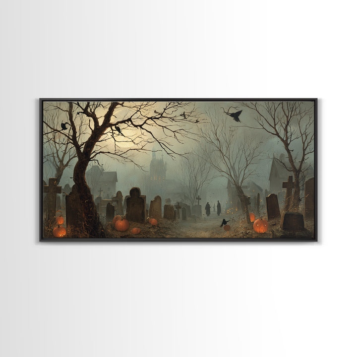 The Moonlit Cemetery, Northern Renaissance Horror, Wide Panoramic Art, Gothic Horror Wall Art, Framed Canvas Print