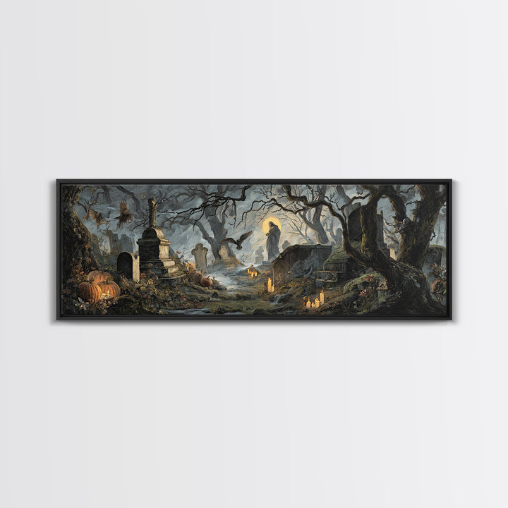 The Moonlit Cemetery, Dark Renaissance Art, Extra Wide Wall Art, Dark Fantasy Wall Art, Canvas Print, Halloween Wall Art