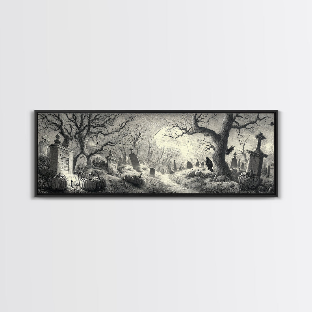 The Moonlit Cemetery, Renaissance Engraving Art, Extra Wide Wall Art, Macabre Wall Art, Canvas Print, Halloween Wall Art, Dark Fantasy Art