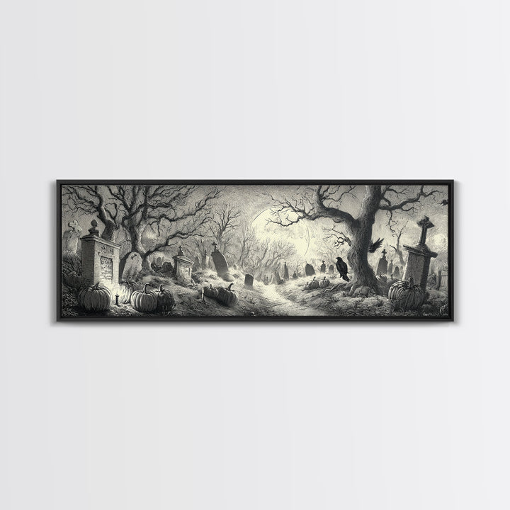 The Moonlit Cemetery, Renaissance Engraving Art, Extra Wide Wall Art, Macabre Wall Art, Canvas Print, Halloween Wall Art, Dark Fantasy Art