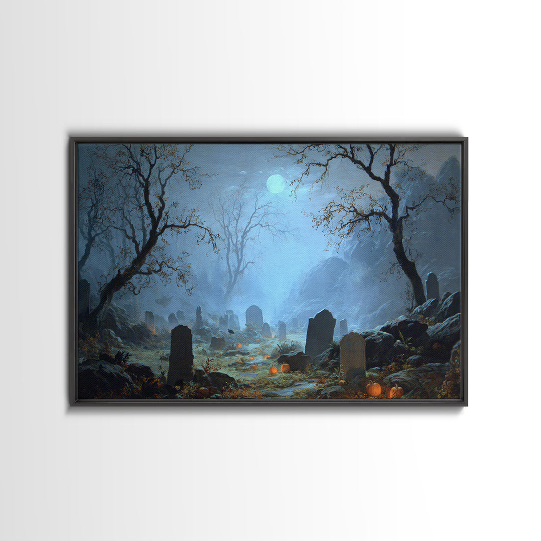 The Moonlit Cemetery, Baroque Witchcraft Art, Landscape Wall Art, Gothic Horror Wall Art, Framed Canvas Print, Halloween Wall Art