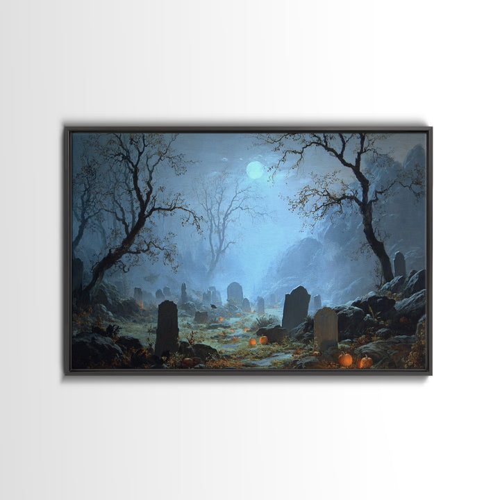 The Moonlit Cemetery, Baroque Witchcraft Art, Landscape Wall Art, Gothic Horror Wall Art, Framed Canvas Print, Halloween Wall Art