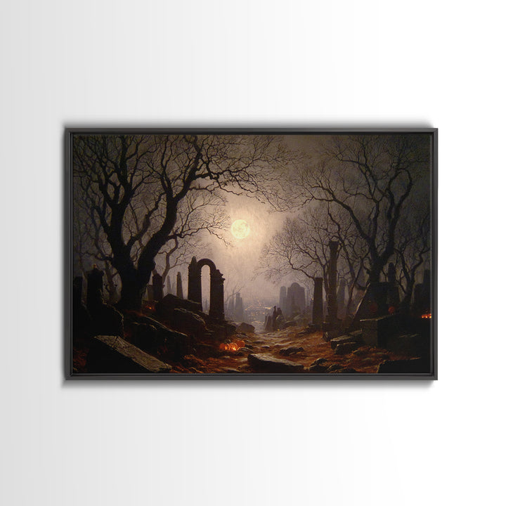 The Moonlit Cemetery, Romantic Gothic Landscape, Landscape Wall Art, Dark Fantasy Wall Art, Framed Canvas Print, Gothic Home Decor