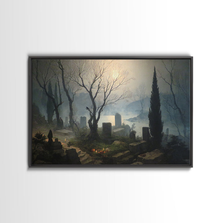 The Moonlit Cemetery, Symbolist Gothic Landscape, Landscape Wall Art, Dark Fantasy Wall Art, Canvas Print, Halloween Wall Art