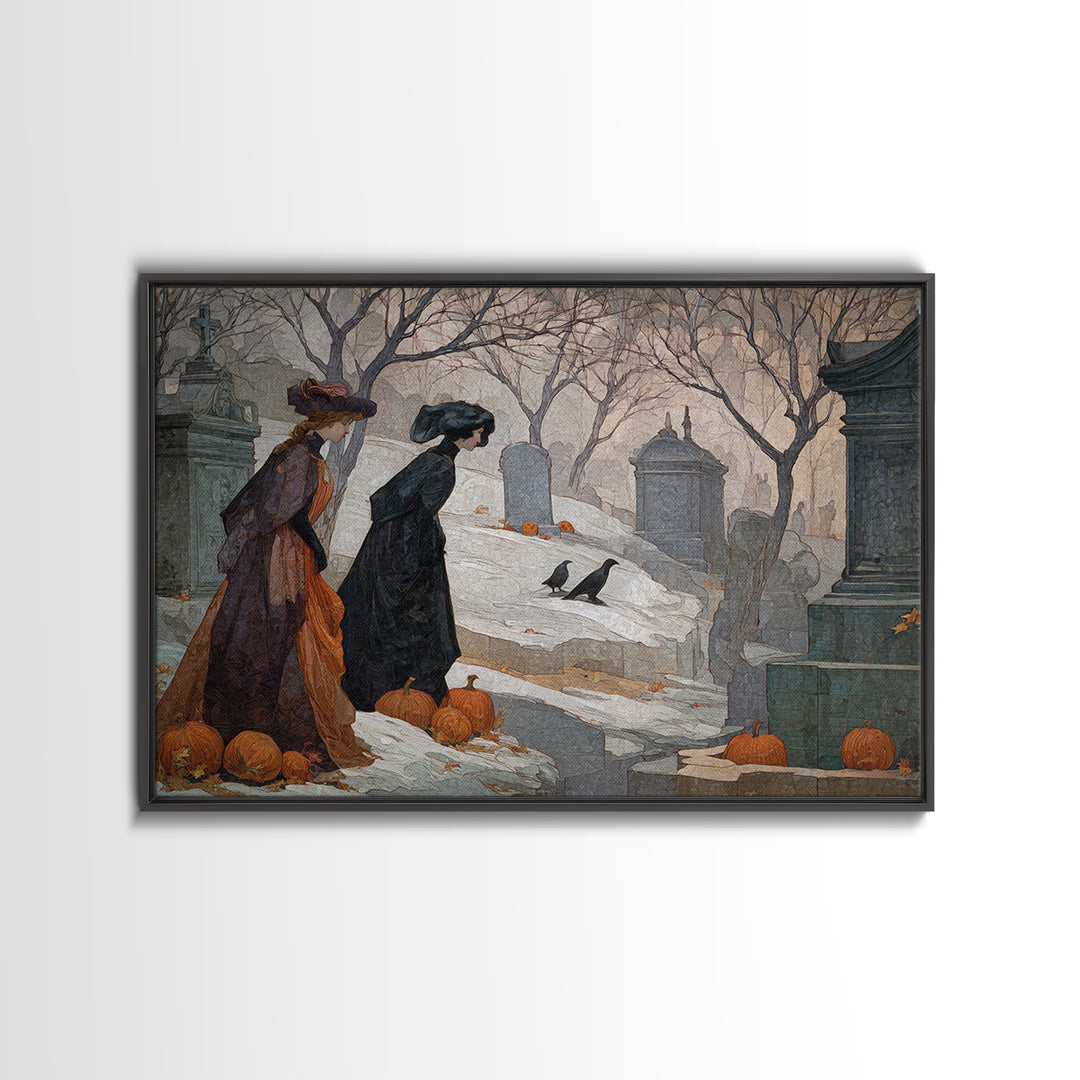 The Moonlit Cemetery, Symbolist Death Art, Landscape Wall Art, Dark Halloween Decor, Framed Canvas Print, Halloween Wall Art