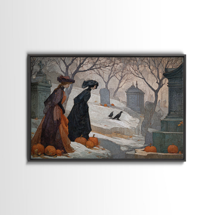 The Moonlit Cemetery, Symbolist Death Art, Landscape Wall Art, Dark Halloween Decor, Framed Canvas Print, Halloween Wall Art