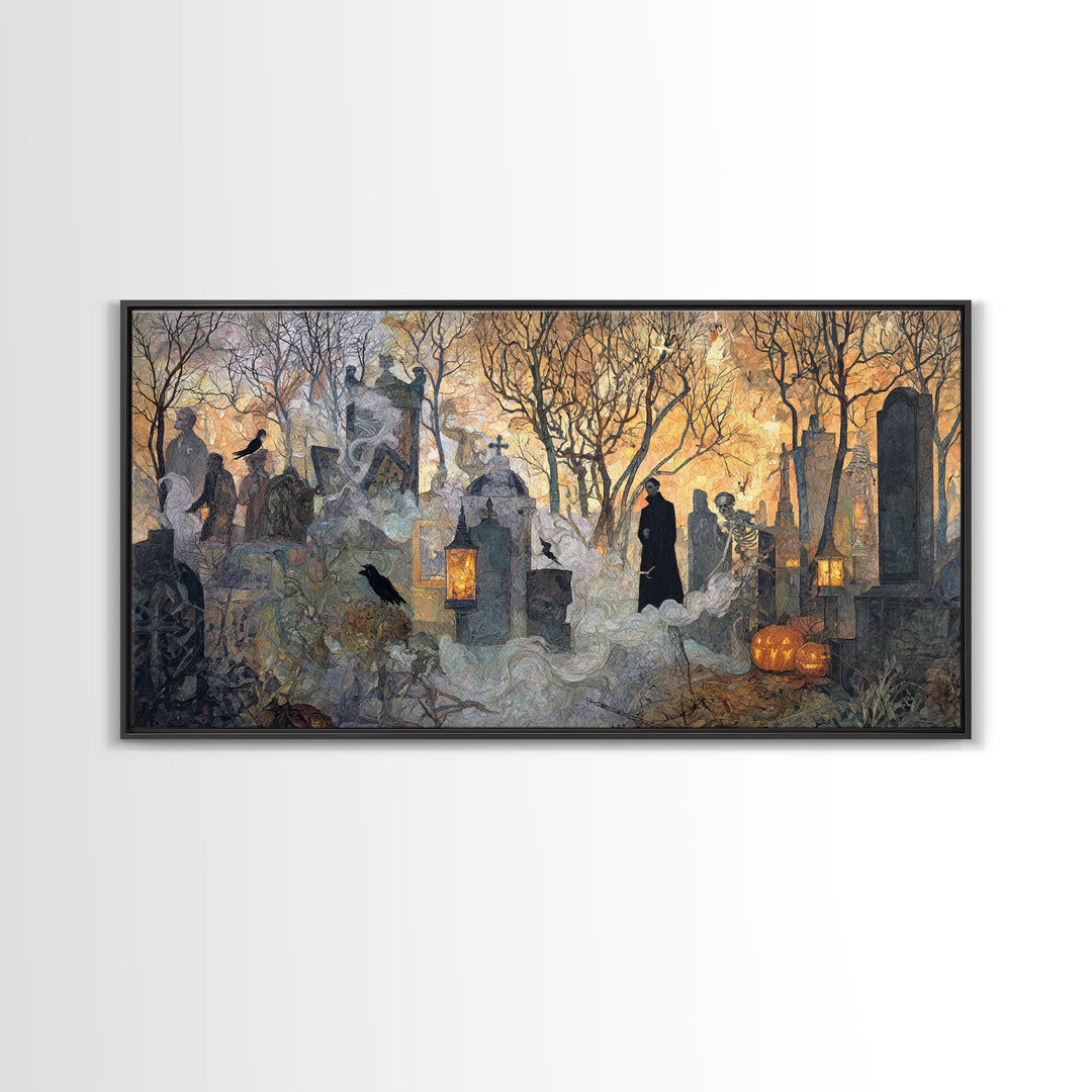 The Moonlit Cemetery, Grotesque Carnival Art, Wide Panoramic Art, Gothic Horror Wall Art, Framed Canvas Print, Halloween Wall Art