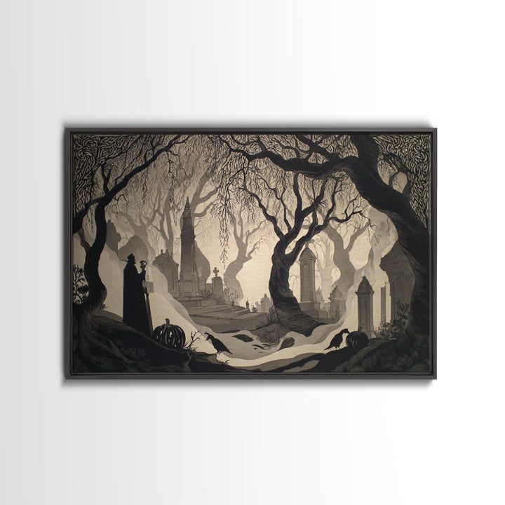The Moonlit Cemetery, Decadent Line Art, Landscape Wall Art, Dark Fantasy Wall Art, Framed Canvas Print, Halloween Wall Art