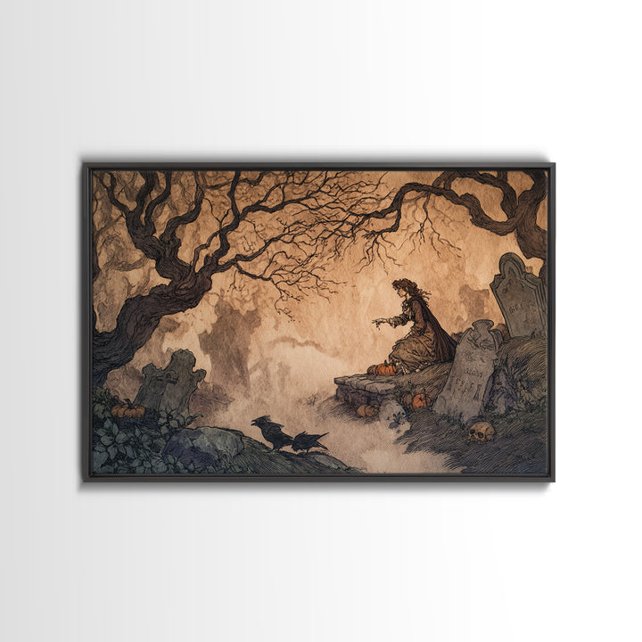 The Moonlit Cemetery, Gothic Storybook Art, Landscape Wall Art, Macabre Wall Art, Framed Canvas Print, Halloween Wall Art
