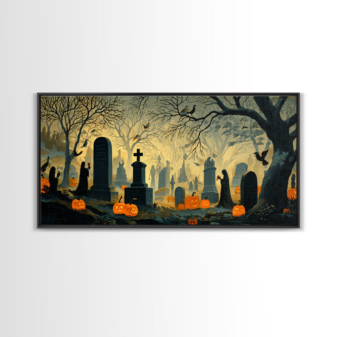 The Moonlit Cemetery, Macabre Folk Print Art, Wide Panoramic Art, Dark Fantasy Wall Art, Canvas Print, Halloween Wall Art