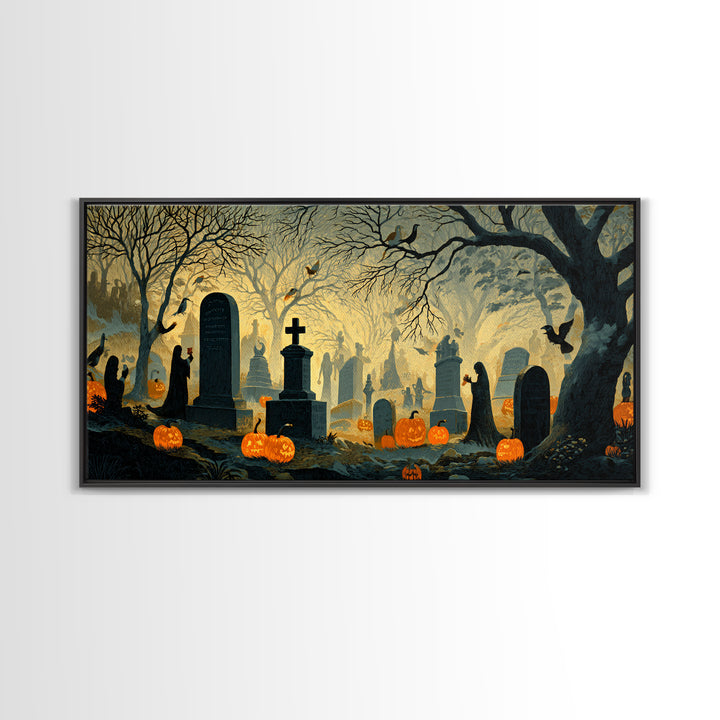 The Moonlit Cemetery, Macabre Folk Print Art, Wide Panoramic Art, Dark Fantasy Wall Art, Canvas Print, Halloween Wall Art