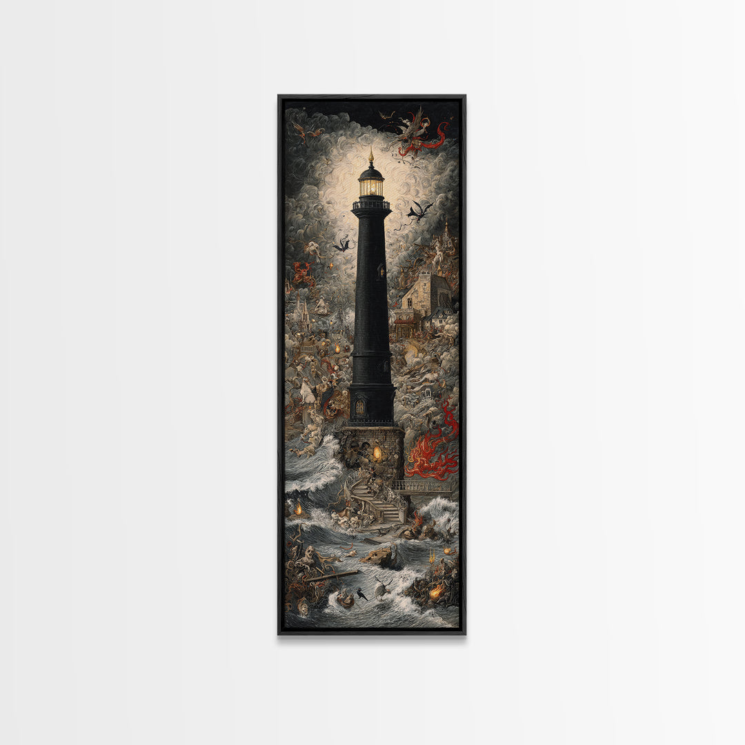 The Cursed Lighthouse, Medieval Grotesque Art, Tall Narrow Wall Art, Gothic Horror Wall Art, Canvas Print, Halloween Wall Art