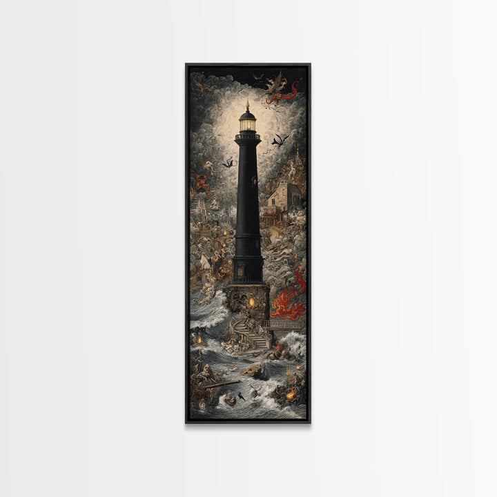 The Cursed Lighthouse, Medieval Grotesque Art, Tall Narrow Wall Art, Gothic Horror Wall Art, Canvas Print, Halloween Wall Art
