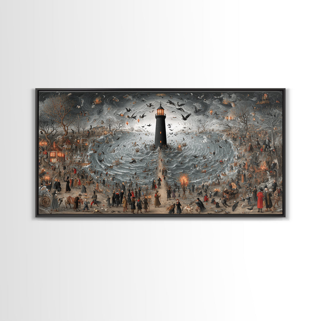 The Cursed Lighthouse, Northern Renaissance Horror, Wide Panoramic Art, Dark Halloween Decor, Canvas Print, Halloween Wall Art