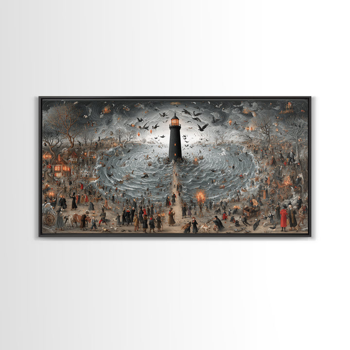 The Cursed Lighthouse, Northern Renaissance Horror, Wide Panoramic Art, Dark Halloween Decor, Canvas Print, Halloween Wall Art