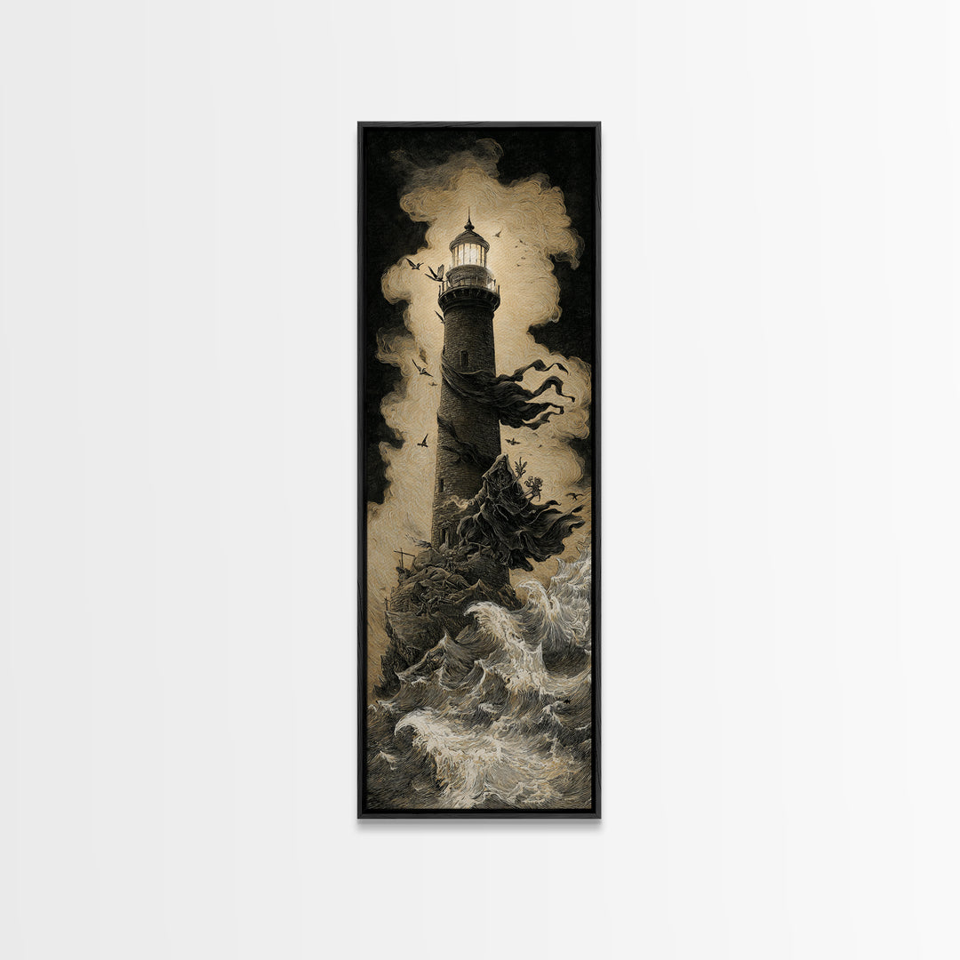 The Cursed Lighthouse, Baroque Witchcraft Art, Tall Narrow Wall Art, Macabre Wall Art, Framed Canvas Print, Halloween Wall Art