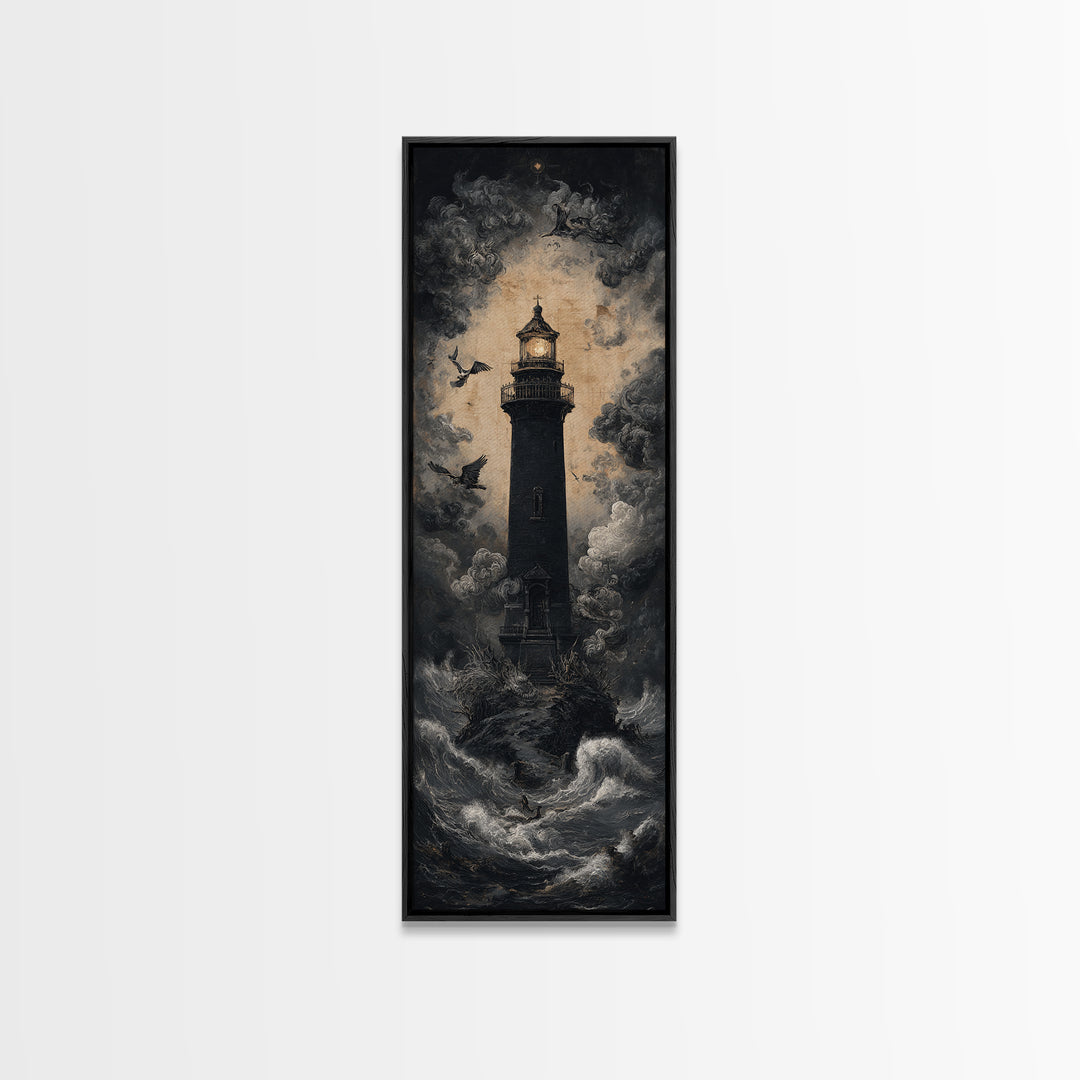 The Cursed Lighthouse, Dark Romantic Horror Art, Tall Narrow Wall Art, Macabre Wall Art, Framed Canvas Print, Halloween Wall Art