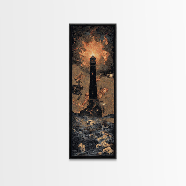 The Cursed Lighthouse, Visionary Gothic Art, Tall Narrow Wall Art, Dark Fantasy Wall Art, Framed Canvas Print, Halloween Wall Art