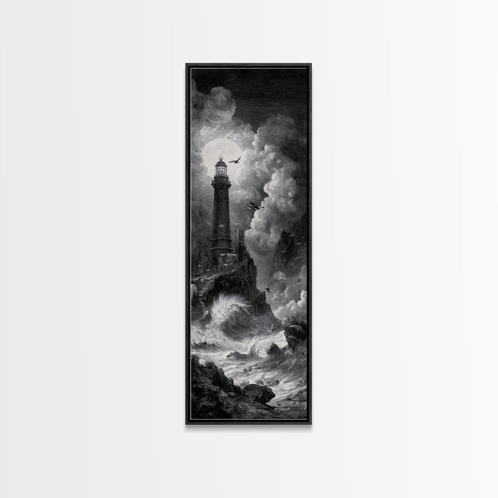 The Cursed Lighthouse, Architectural Etching Art, Tall Narrow Wall Art, Macabre Wall Art, Canvas Print, Halloween Wall Art
