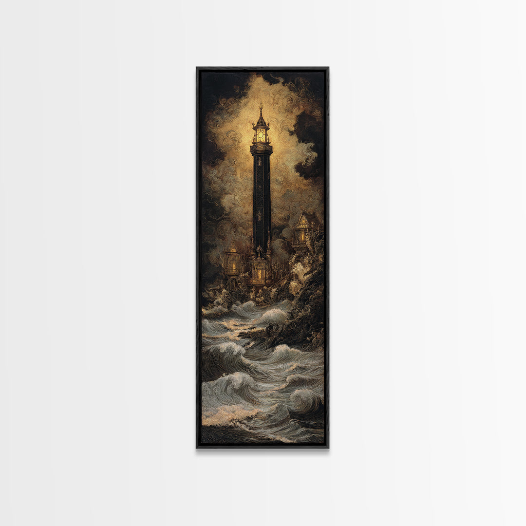 The Cursed Lighthouse, Ornate Symbolist Art, Tall Narrow Wall Art, Dark Halloween Decor, Framed Canvas Print, Halloween Wall Art