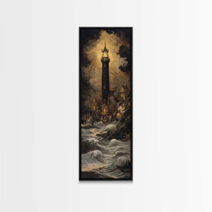 The Cursed Lighthouse, Ornate Symbolist Art, Tall Narrow Wall Art, Dark Halloween Decor, Framed Canvas Print, Halloween Wall Art