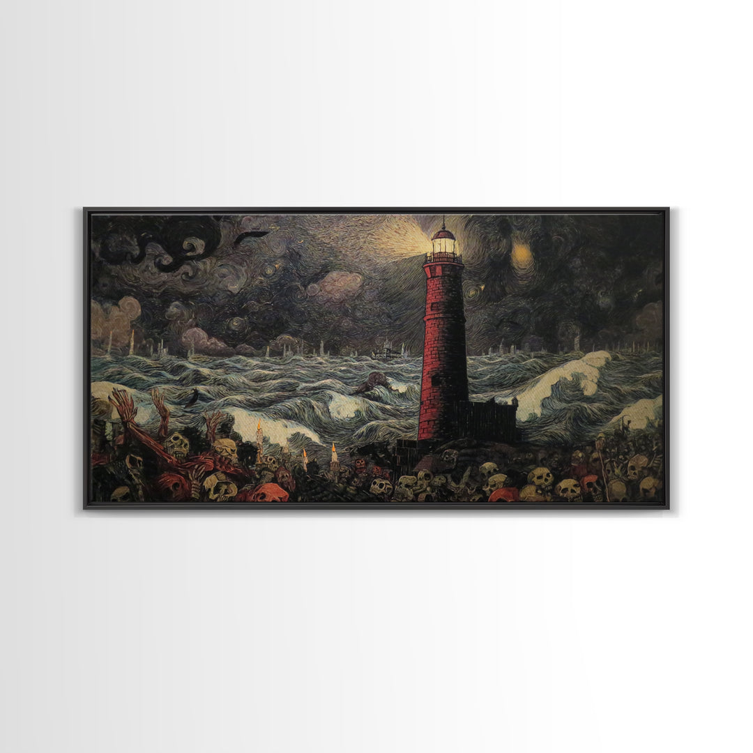 The Cursed Lighthouse, Grotesque Carnival Art, Wide Panoramic Art, Dark Fantasy Wall Art, Canvas Print, Halloween Wall Art
