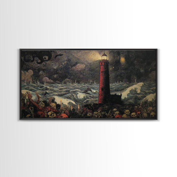 The Cursed Lighthouse, Grotesque Carnival Art, Wide Panoramic Art, Dark Fantasy Wall Art, Canvas Print, Halloween Wall Art