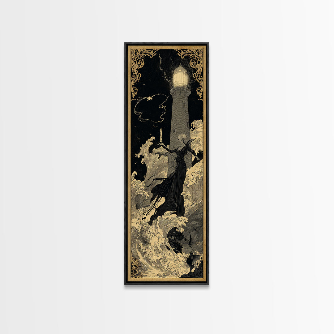 The Cursed Lighthouse, Decadent Line Art, Tall Narrow Wall Art, Dark Halloween Decor, Canvas Print, Halloween Wall Art