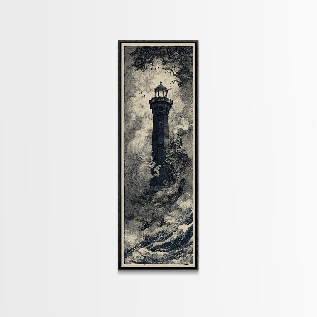 The Cursed Lighthouse, Gothic Storybook Art, Tall Narrow Wall Art, Macabre Wall Art, Canvas Print, Halloween Wall Art