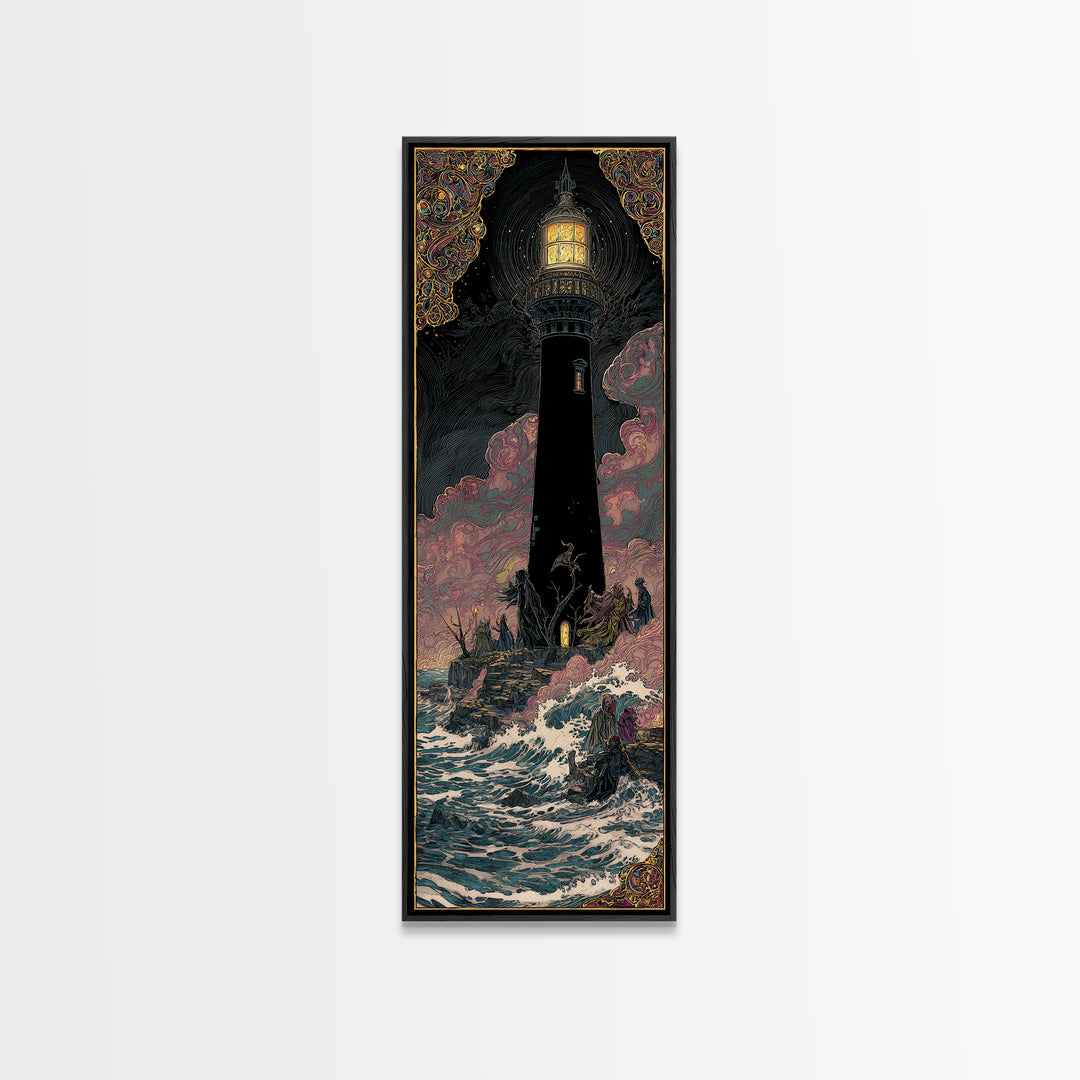 The Cursed Lighthouse, Stained Glass Gothic Art, Tall Narrow Wall Art, Dark Halloween Decor, Framed Canvas Print, Halloween Wall Art