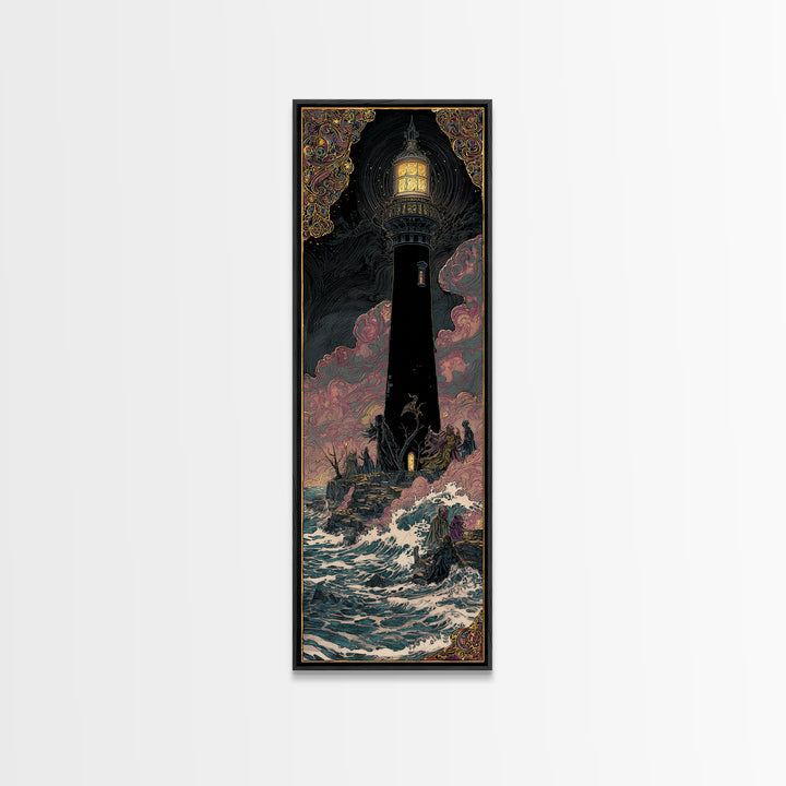 The Cursed Lighthouse, Stained Glass Gothic Art, Tall Narrow Wall Art, Dark Halloween Decor, Framed Canvas Print, Halloween Wall Art