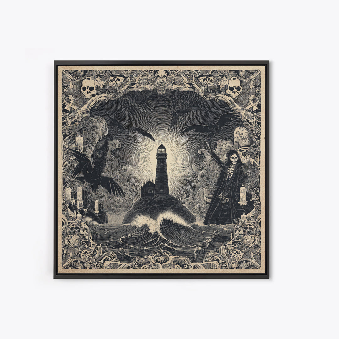 The Cursed Lighthouse, Macabre Folk Print Art, Square Wall Art, Gothic Horror Wall Art, Framed Canvas Print, Halloween Wall Art