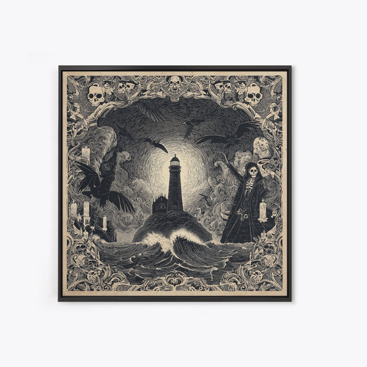 The Cursed Lighthouse, Macabre Folk Print Art, Square Wall Art, Gothic Horror Wall Art, Framed Canvas Print, Halloween Wall Art