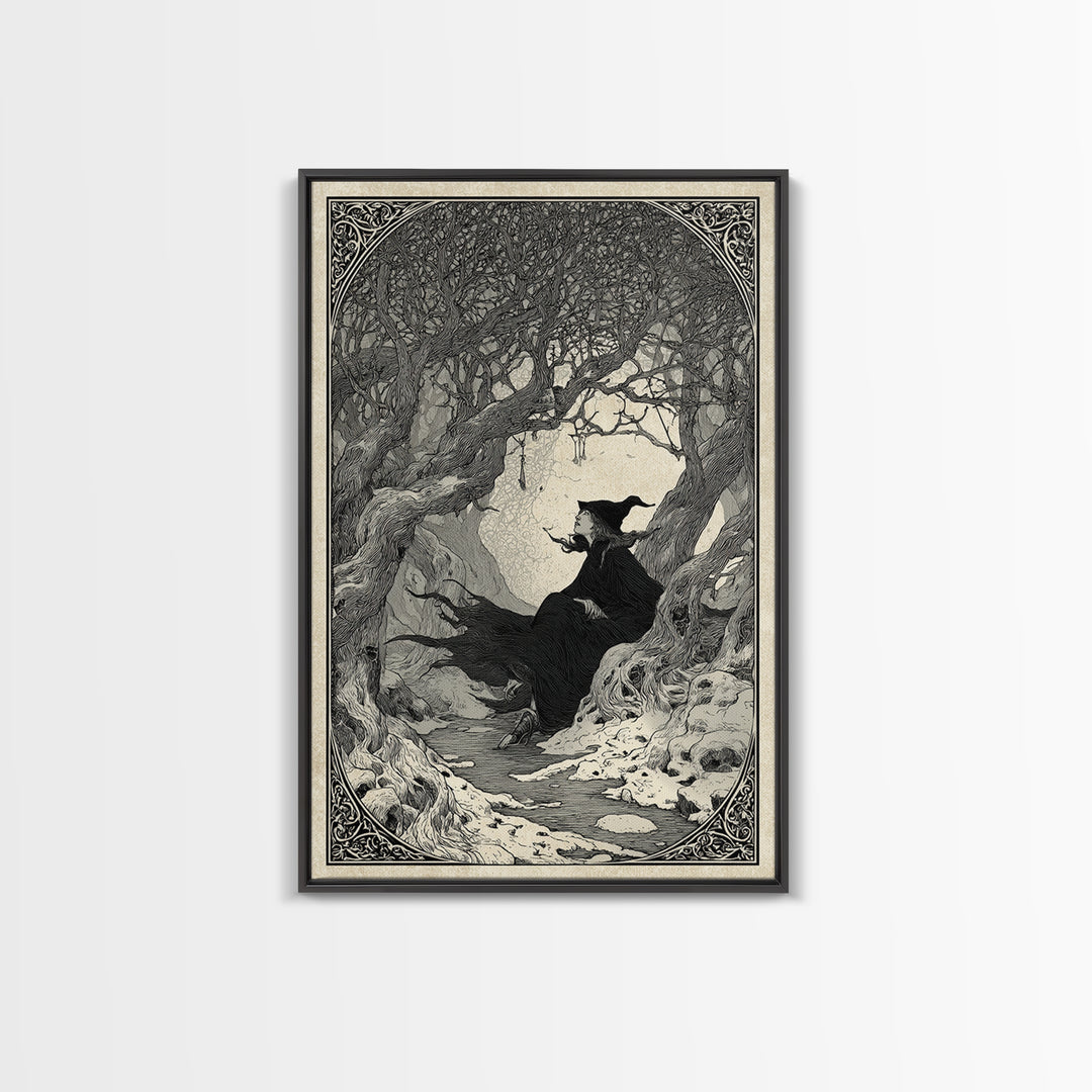 The Witch'S Forest, Decadent Line Art, Vertical Wall Art, Macabre Wall Art, Canvas Print, Halloween Wall Art, Gothic Home Decor