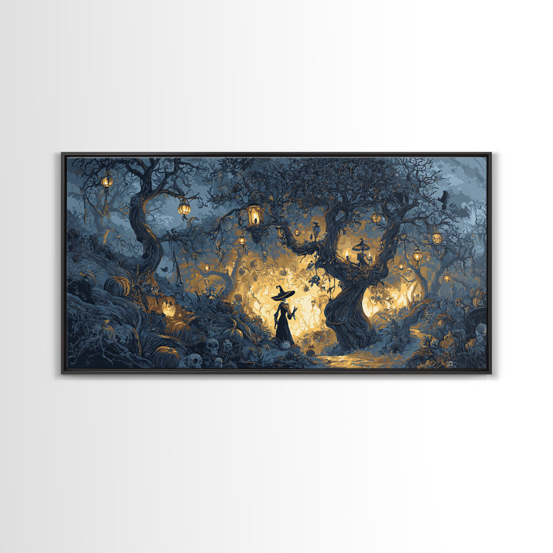 The Witch'S Forest, Macabre Folk Print Art, Wide Panoramic Art, Macabre Wall Art, Canvas Print, Halloween Wall Art