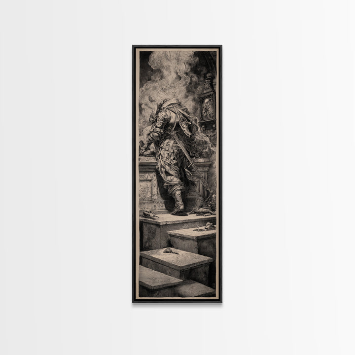 The Forgotten Crypt, Renaissance Engraving Art, Tall Narrow Wall Art, Dark Halloween Decor, Canvas Print, Halloween Wall Art