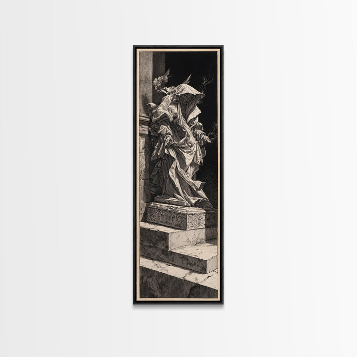 The Forgotten Crypt, Architectural Etching Art, Tall Narrow Wall Art, Dark Halloween Decor, Framed Canvas Print