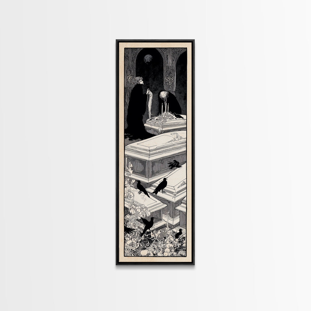 The Forgotten Crypt, Decadent Line Art, Tall Narrow Wall Art, Gothic Horror Wall Art, Framed Canvas Print, Halloween Wall Art