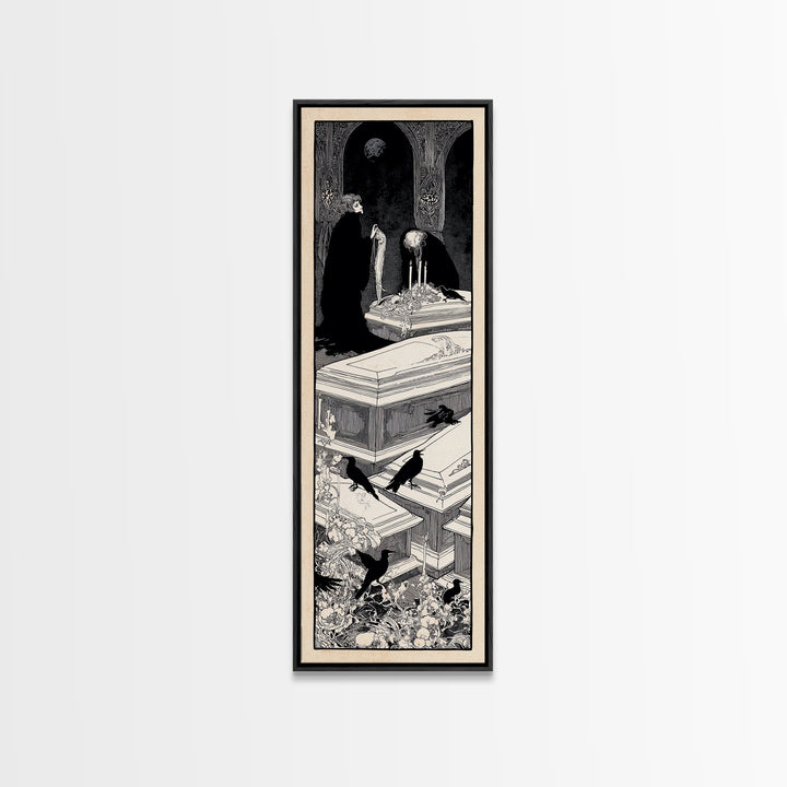 The Forgotten Crypt, Decadent Line Art, Tall Narrow Wall Art, Gothic Horror Wall Art, Framed Canvas Print, Halloween Wall Art
