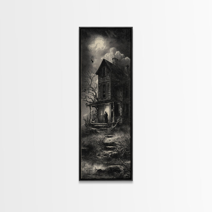 The Possessed Farmhouse, Gothic Engraving Art, Tall Narrow Wall Art, Macabre Wall Art, Canvas Print, Halloween Wall Art