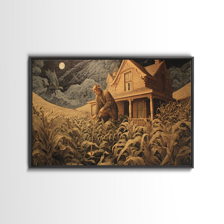 The Possessed Farmhouse, Medieval Grotesque Art, Landscape Wall Art, Dark Halloween Decor, Framed Canvas Print, Halloween Wall Art